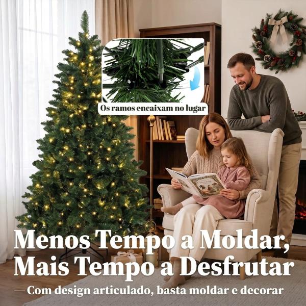 Árvore de Natal 180 cm com 250 Luzes LED, 11 Modos, Comando à Distância, 800 Pontas e Base Dobrável em Aço, Verde