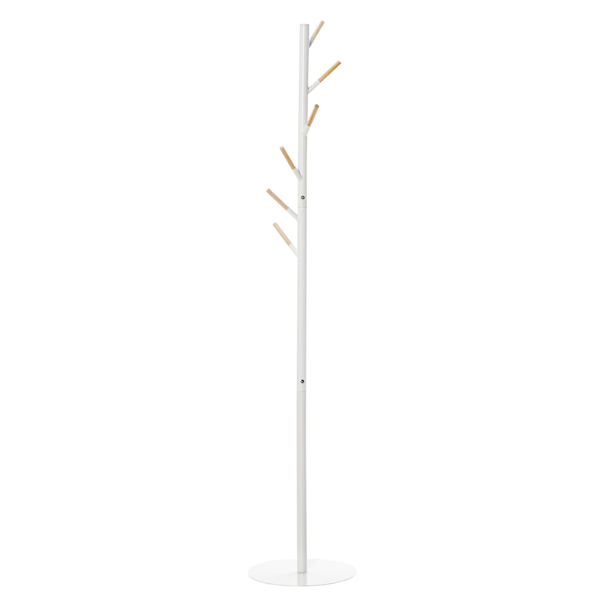 Cabide de Pé de Madeira com 6 Ganchos para Roupa Bolsas e Estrutura de Metal 35x35x174cm Branco e Madeira