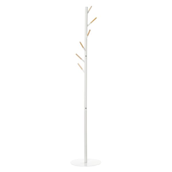 Cabide de Pé de Madeira com 6 Ganchos para Roupa Bolsas e Estrutura de Metal 35x35x174cm Branco e Madeira