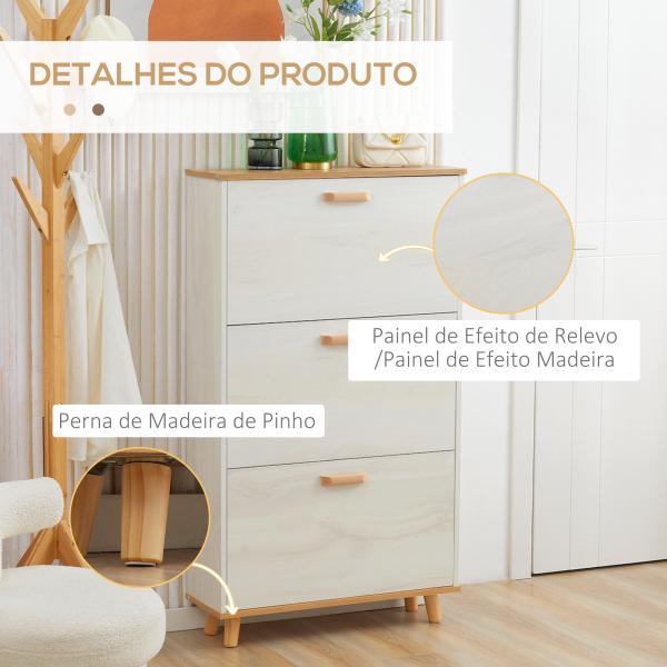Sapateira Moderna com 3 Gavetas Abatíveis para 12 Pares de Sapatos e Prateleira Ajustável 70x23,5x122cm Branco Envelhecido