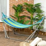 Cama Rede com Suporte Dobrável 2 em 1 Estendal com Barra Estrutura de Aço para Jardim 270x100x94 cm Azul e Verde