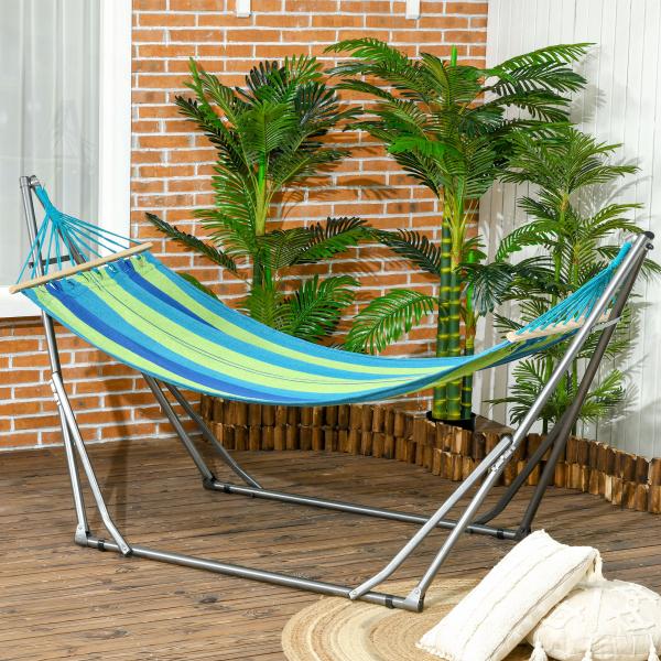 Cama Rede com Suporte Dobrável 2 em 1 Estendal com Barra Estrutura de Aço para Jardim 270x100x94 cm Azul e Verde