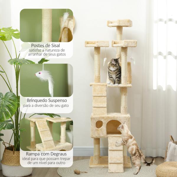 Árvore Arranhador para Gatos Grande 49x49x173 cm com Múltiplos Níveis Cavernas Brinquedos Suspensos Centro de Atividades de Sisal Bege