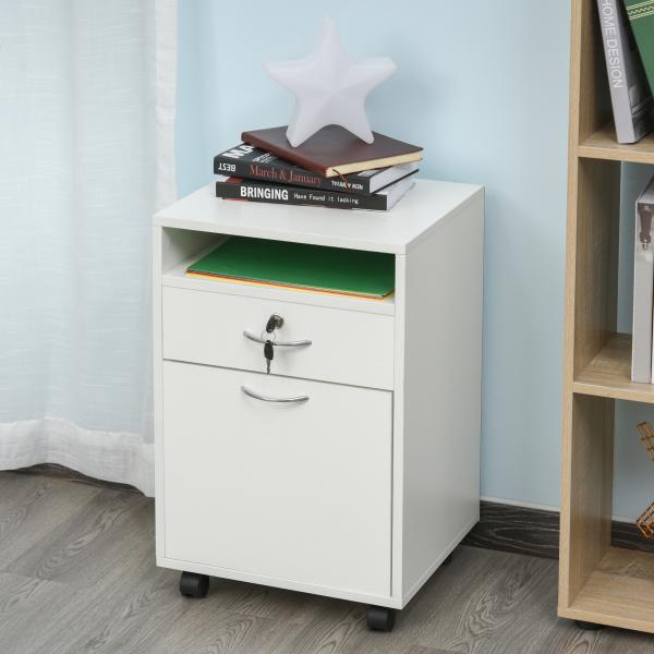 Bloco de Gavetas de Escritório com 4 Rodas Fechadura Prateleira Aberta e Armário 40x35x60 cm Branco