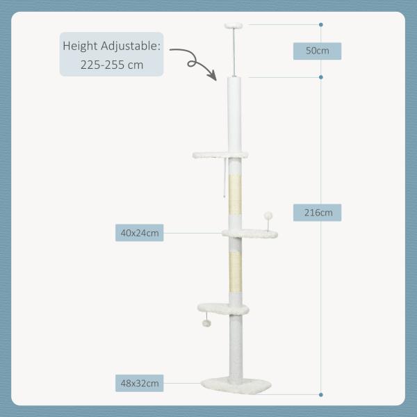 Arranhador para Gatos do Chão ao Teto com Altura Ajustável e 3 Plataformas em Forma de Nuvem 48x32x225 - 255 cm Branco