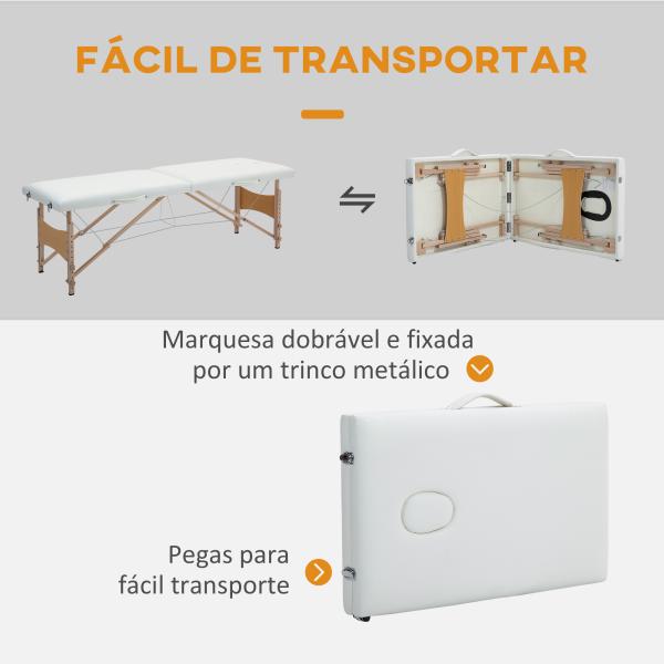 Marquesa de Massagem Dobrável com Estrutura em Madeira, Altura Ajustável e Bolsa de Transporte, 186x60x61 - 87 cm, Creme