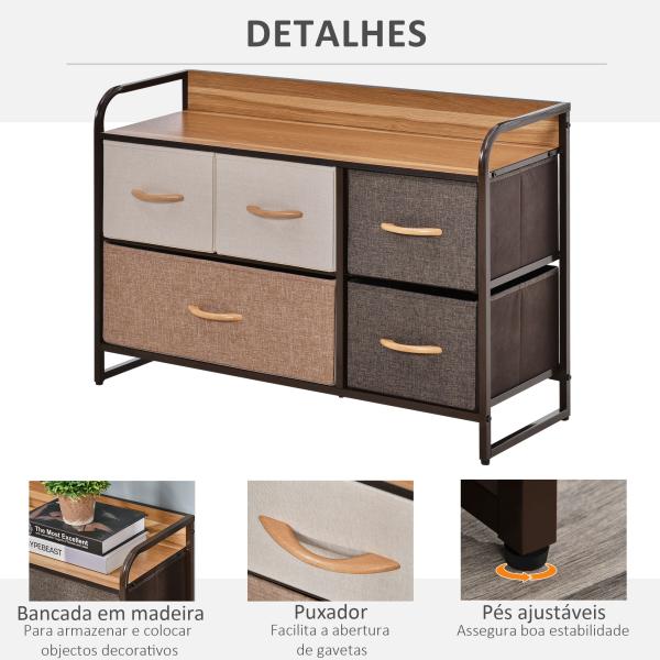 Cómoda com 5 Gavetas de Tecido Amovíveis e Dobráveis Base Elevada Armário de Armazenamento 87,5x29x58cm Multicor