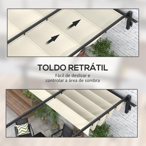 Pérgola de Parede 3x3 m Pérgola de Jardim com Teto Retrátil de Poliéster e Estrutura de Aço Creme e Cinza Escuro