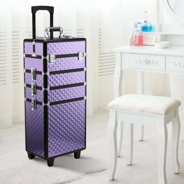 Mala de Maquilhagem Professional com Rodas Universais Diferentes Níveis e Alça Extensível 33,5x23x76 - 95,5 cm Roxo