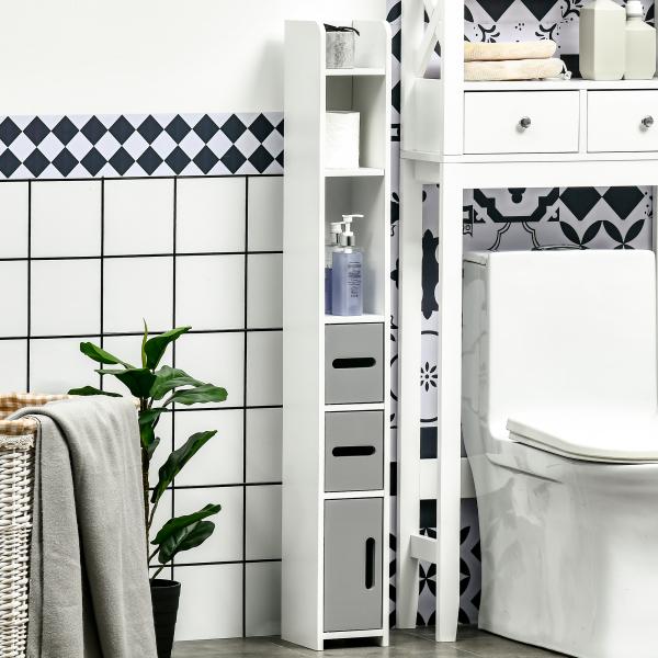 Coluna Casa de Banho com 3 Portas e 3 Prateleiras Abertas Coluna Auxiliar Estilo Moderno 15x17x120cm Branco e Cinza