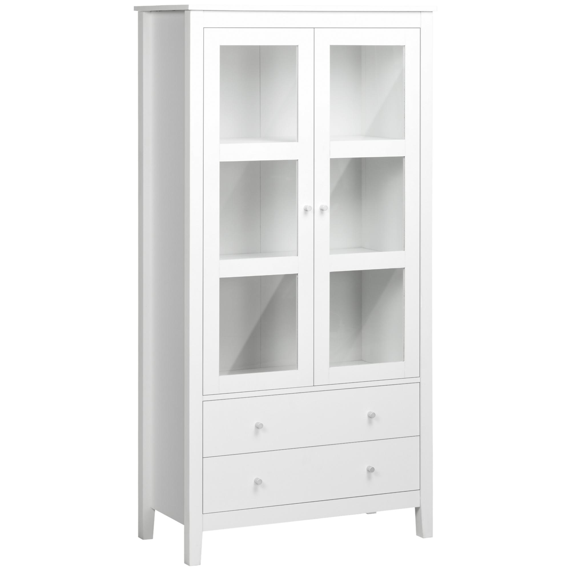 Vitrine de Sala de Estar Estante para Escritório com 2 Portas de Vidro Temperado 3 Prateleiras e 2 Gavetas 80x40x160 cm Branco