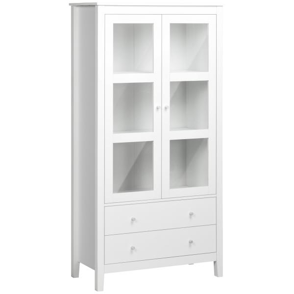 Vitrine de Sala de Estar Estante para Escritório com 2 Portas de Vidro Temperado 3 Prateleiras e 2 Gavetas 80x40x160 cm Branco