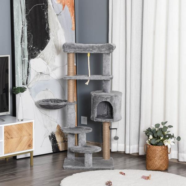 Árvore Arranhador para Gatos com Plataforma Caverna Rede postes de Juta Corda e Bola Suspensa 48x48x120 cm Cinza