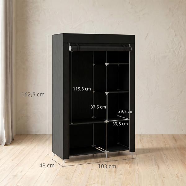 Roupeiro de Tecido Dobrável com 6 Prateleiras e 1 Barra de Pendurar para Dormitório Vestidor 103x43x162,5 cm Preto