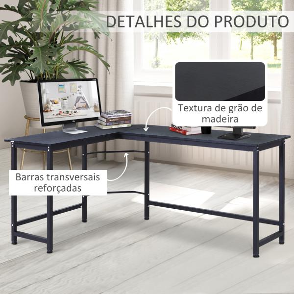 Secretária de Canto Mesa de Computador em Forma de L com Estrutura de Aço 168x120x75cm Preto