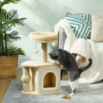 Arranhador para Gatos com Cama Caverna Plataforma Bola Suspensa e Poste de Juta 42x30x66 cm Marrom e Bege