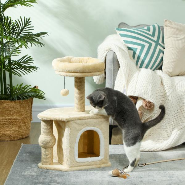 Arranhador para Gatos com Cama Caverna Plataforma Bola Suspensa e Poste de Juta 42x30x66 cm Marrom e Bege