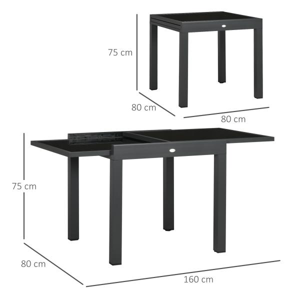 Mesa de Jardim Extensível de Alumínio com Bancada de Vidro Temperado 160x80x75 cm Preto