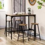 Conjunto de Móveis Altos de Bar com 5 Peças Mesa de Refeição Industrial e 4 Bancos Redondos Marrom Rústico e Preto