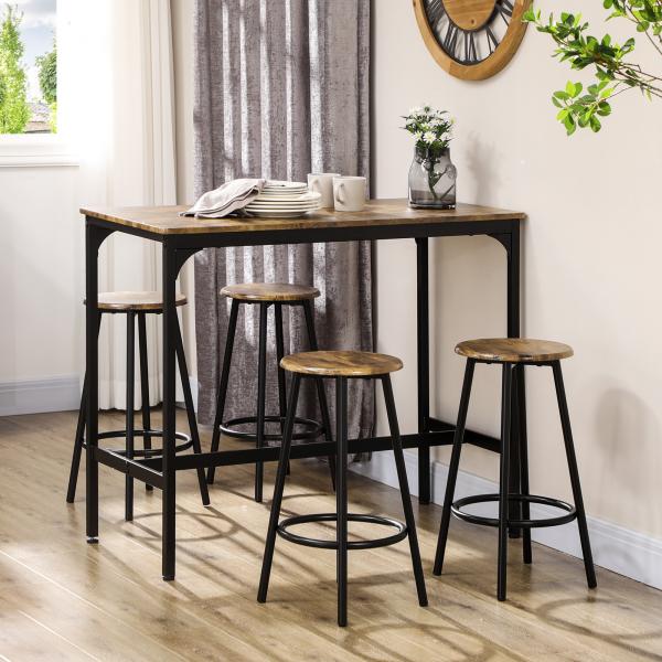 Conjunto de Móveis Altos de Bar com 5 Peças Mesa de Refeição Industrial e 4 Bancos Redondos Marrom Rústico e Preto