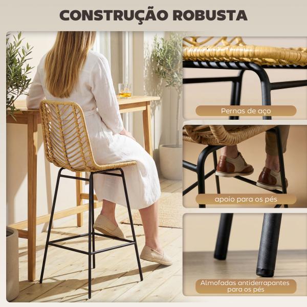 Bancos Altos de Cozinha em Vime Sintético Bancos de Bar Modernos com Pés de Aço 42,5x52x102 cm Madeira e Preto