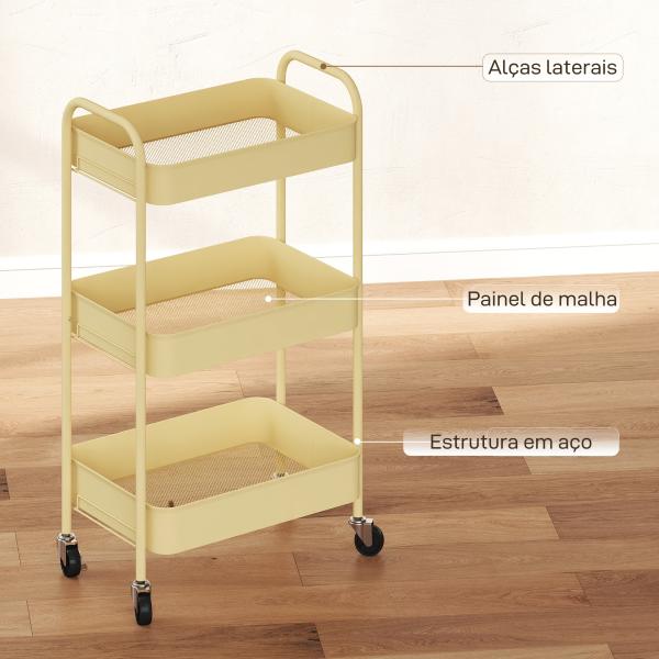 Carrinho Auxiliar com Rodas de 3 Níveis Carrinho de Cozinha com 3 Cestos e 2 Pegas 45x30,6x79 cm Amarelo