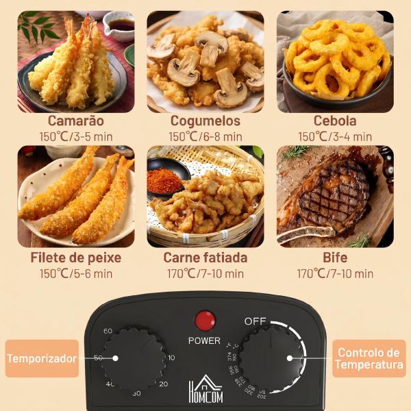 Fritadeira 5 L com Temperatura Ajustável até 190 °C, Janela de Visualização e Temporizador 60 min