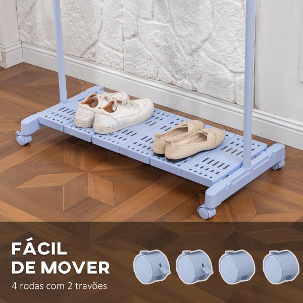 Charriot com Rodas com Barra de Aço Inoxidável e Prateleira para Sapatos Altura Ajustável 94 - 159x42x93 - 168 cm Azul