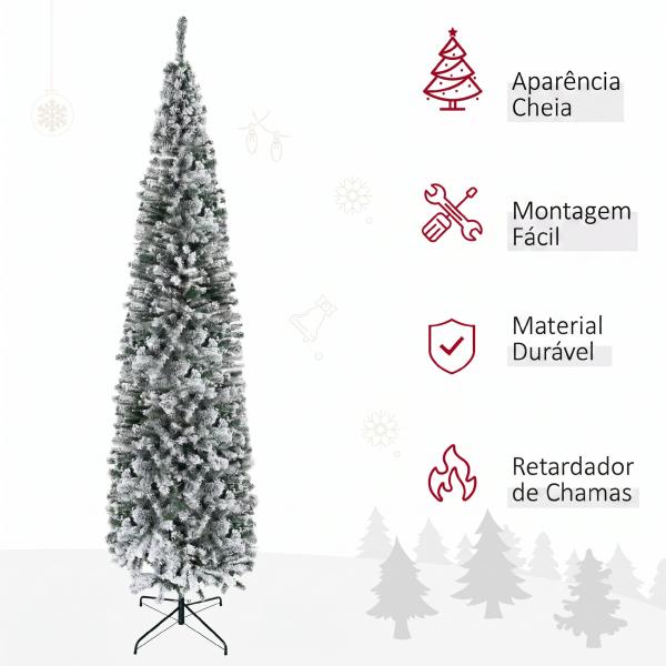 Árvore de Natal Estreita 270 cm com Efeito Neve, 1014 Ramos e Suporte Metálico, Verde e Branco