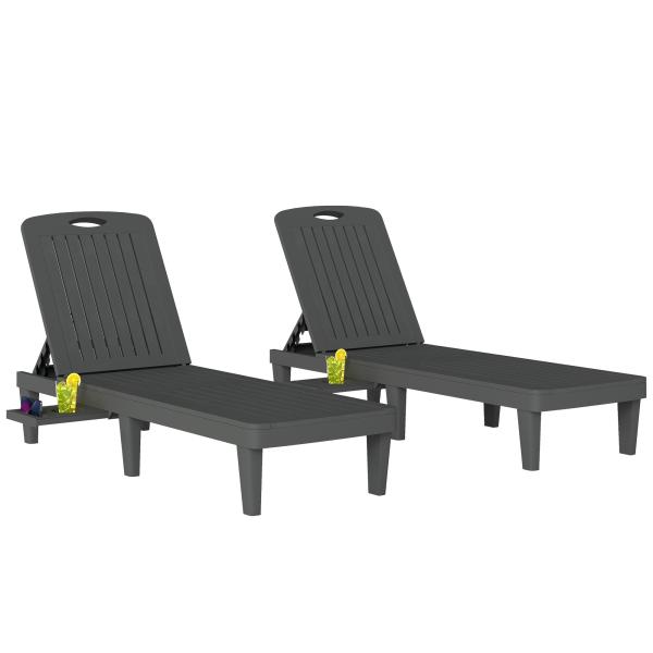 Conjunto de 2 Espreguiçadeiras Reclináveis de Plástico PP com Bandeja Lateral Encosto Ajustável em 5 Posições 192x57x28,5 cm Cinzento