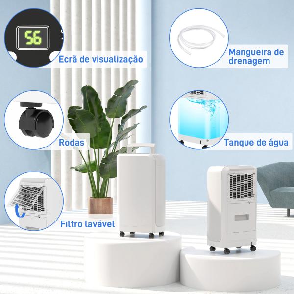 Desumidificador 12L/dia Depósito de Água 0,8L com Rodas Temporizador de 24 Horas Ecrã Digital de Humidade Branco