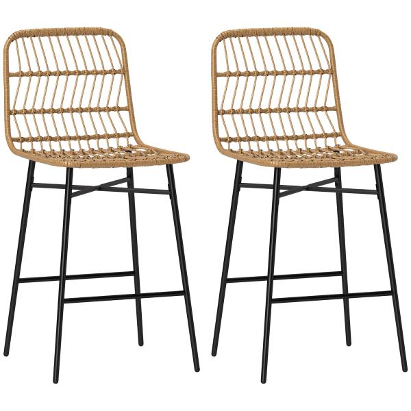 Conjunto de 2 Bancos Altos de Cozinha Bancos de Bar com Encosto e Assento em Vime Sintético 43x56x101 cm Marrom Claro