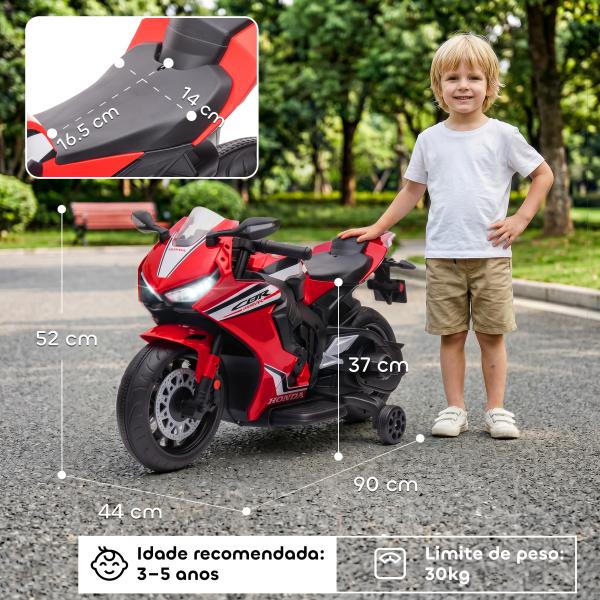 Mota Elétrica com Licença HONDA para Crianças de 3 - 5 Anos Mota a Bateria 6V com Farol Buzina Música 90x44x52cm Vermelho