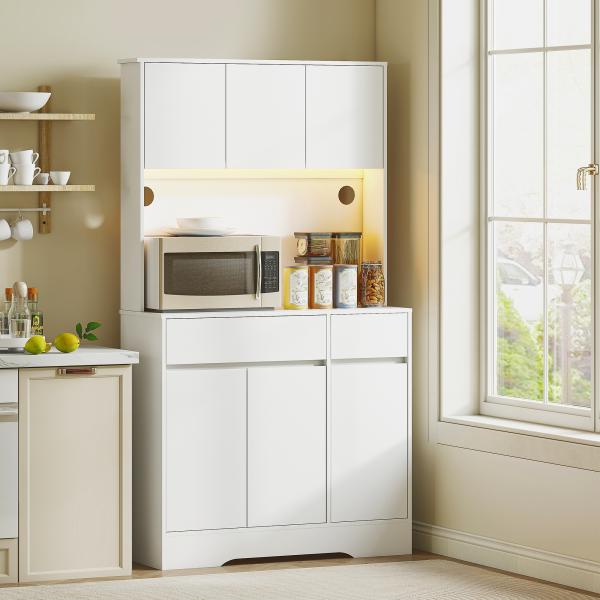 Armário de Cozinha com Luz LED RGB, Bancada para Micro - ondas, 6 Portas, 2 Gavetas, Prateleiras Ajustáveis e Comando à Distância, Branco