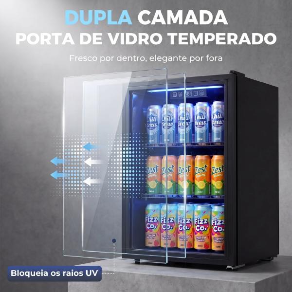 Frigorífico de Bebidas 70 L com Porta de Vidro Duplo Iluminação LED 2 Prateleiras Ajustáveis para 70 Latas