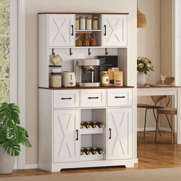 Amário de Cozinha Alto com Suporte para 8 Garrafas 4 Portas 3 Gavetas Prateleiras Abertas100x38x172 cm Branco