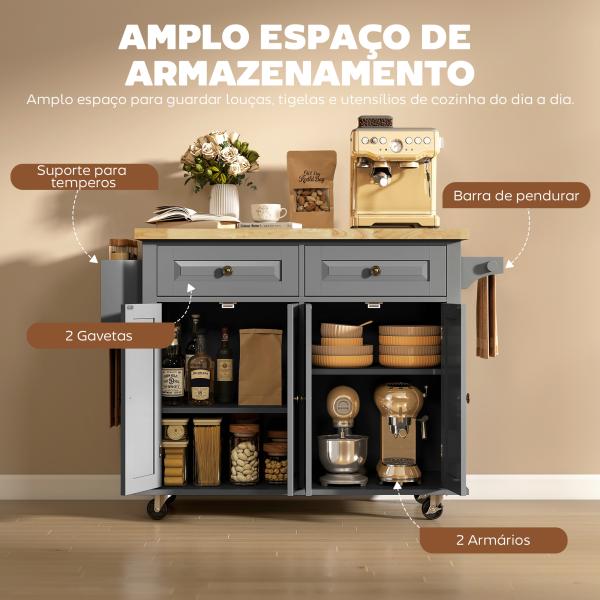 Ilha de Cozinha com Rodas 2 Gavetas 4 Portas Suporte para Temperos e Barra Lateral 111x44,5x82,5 cm Cinzento e Madeira