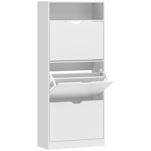 Sapateira Estreita com 3 Gavetas Rebatíveis Prateleiras Ajustáveis e Compartimento Aberto Capacidade para 12 - 18 Pares Branco