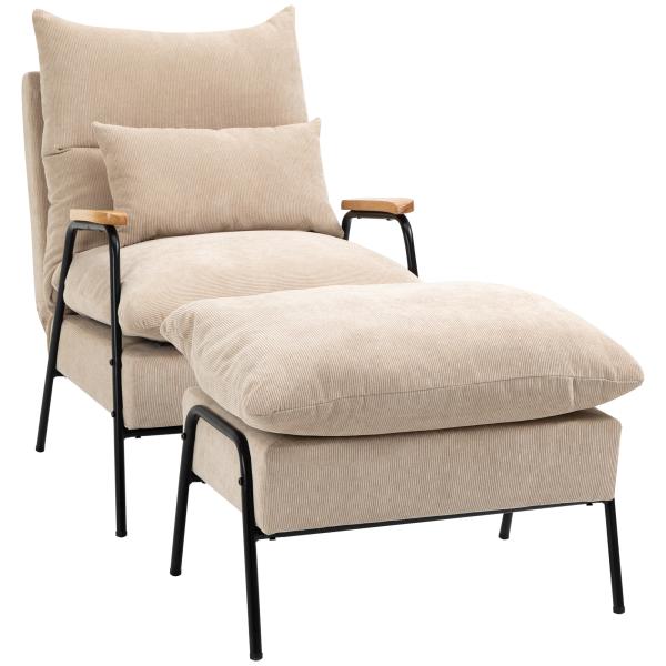 Poltrona Relax com Apoio para os Pés Poltrona Reclinável com Encosto Ajustável Estofada em Veludo 68x91,5x88 cm Bege