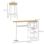 Conjunto de Mesa com 1 Gaveta 2 Prateleiras Cesta Removível e Suporte para Garrafas 119x38,5x88,5cm e 2 Bancos 29x29x55cm Branco