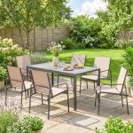 Conjunto de Mesa e Cadeiras de Jardim de 7 Peças com Mesa com Efeito Madeira e 6 Cadeiras com Assento Respirável Caqui