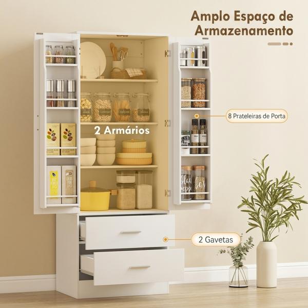 Armário Despenseiro de Cozinha com 2 Portas, 8 Prateleiras na Porta, 2 Gavetas e Prateleiras Ajustáveis, 60x40x159 cm, Branco