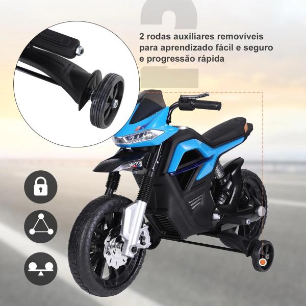 Mota Elétrica Infantil Motocicleta para Crianças acima de 3 anos Bateria 6V com Luzes e Música 105x52,3x62,3 cm Azul