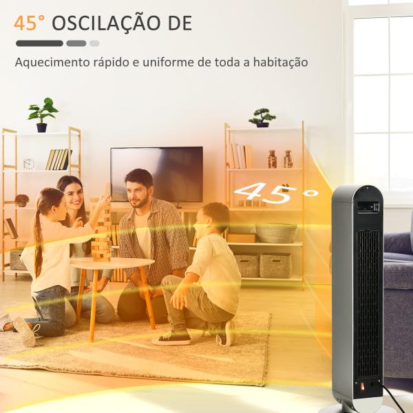 Aquecedor Cerâmico de Torre 1100/2200W com Controlo Remoto Ecrã LED Temporizador de 12h Termostato 3 Modos Ø25x73,5 cm Prata