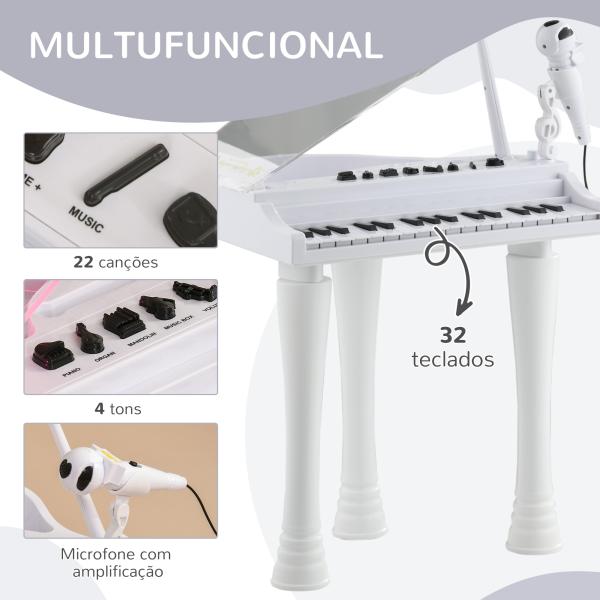 Piano Eletrónico para Crianças com 32 Teclas Microfone Luzes 22 Músicas 4 Tons e Volume Ajustável 37x30,5x60,4 cm Branco