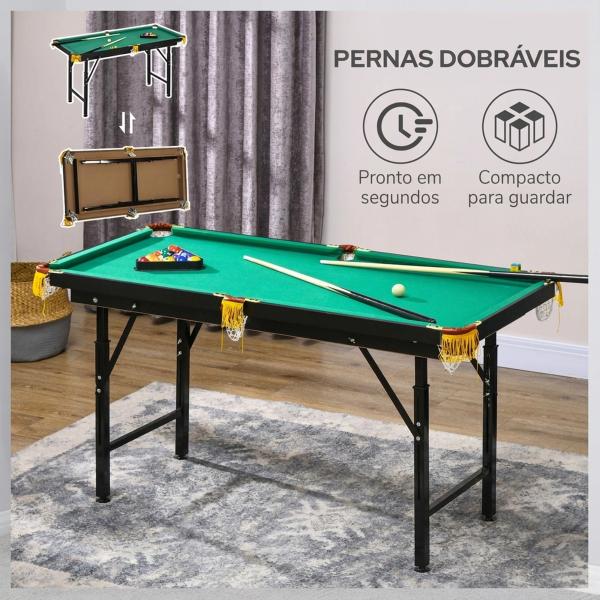 Mesa de Bilhar Dobrável 140 cm com Altura Ajustável, 16 Bolas, 2 Tacos, 2 Giz, Triângulo e Escova, Verde