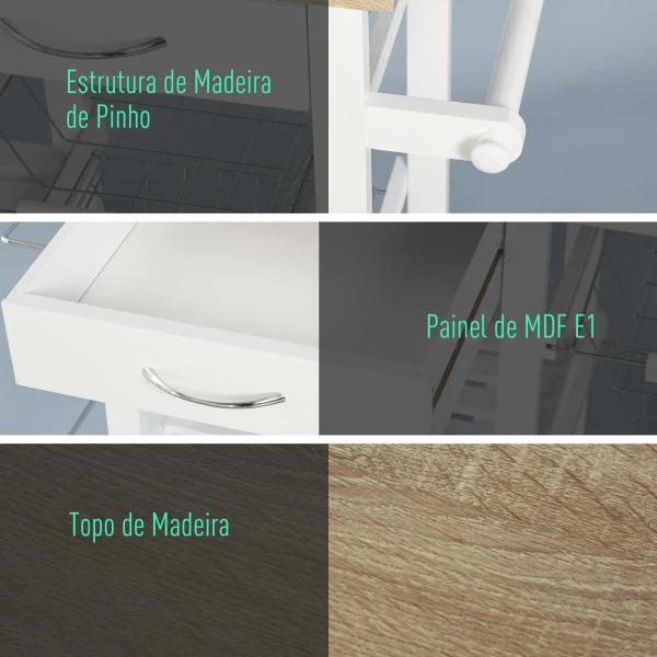 Carrinho de cozinha multifuncional com gavetas Cestas Prateleiras de especiarias Toalheiro Rodas 92x37x82 cm Branco