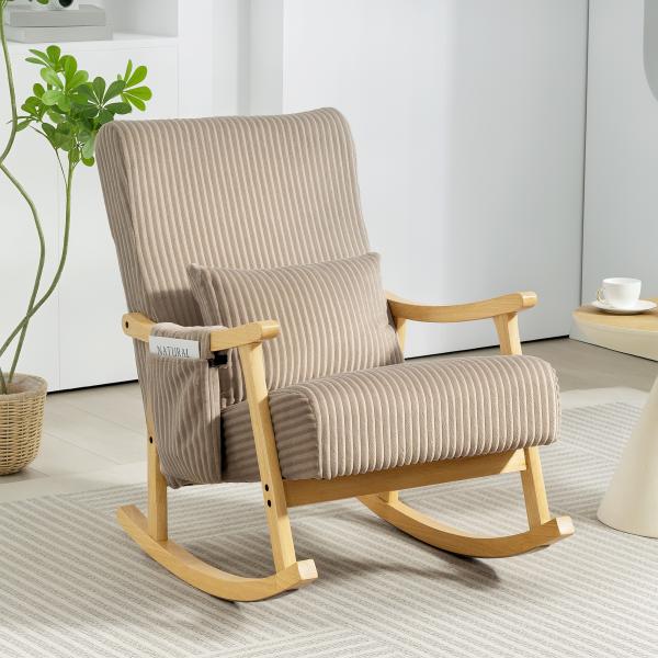 Poltrona Baloiço Moderna em Veludo Cotelê com Apoio para os Braços Almofada Lombar e Bolso Poltrona de Amamentação 65x90x98 cm Castanho Claro