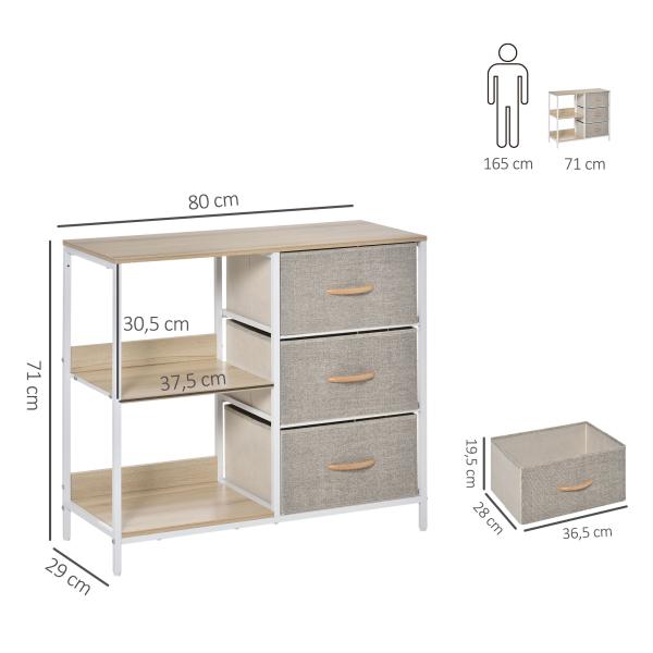 Cómoda de Estilo Industrial com Gavetas de Tecido Dobráveis e 2 Prateleiras 80x29x71 cm Madeira e Cinza Claro