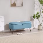 Banco de Armazenamento Estofado em Linho com Tampa Abatível e Pés de Aço Carga Máxima 150kg 101x38,5x44,5 cm Azul Claro